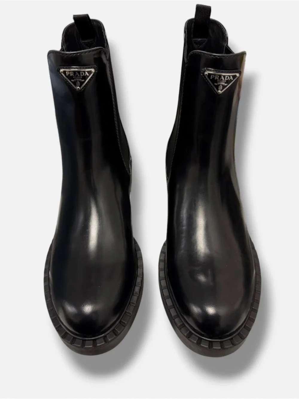 Prada Black Leather Chelsea Boots with Logo Plaque